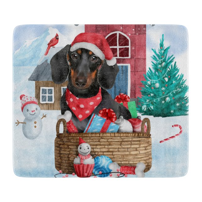 Planche À Découper Chien teckel dans la maison de Noël enneigée (Devant)