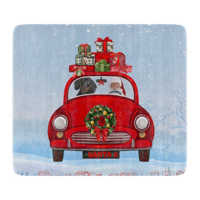 Planche À Découper Chien teckel dans une voiture avec le Père Noël  (Devant)