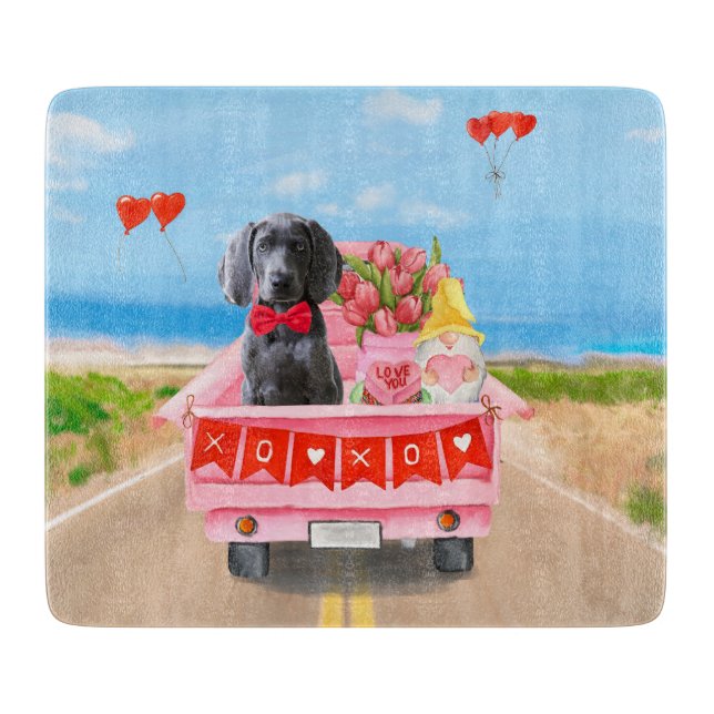 Planche À Découper Chien Weimaraner Saint-Valentin Camion Cœurs (Devant)