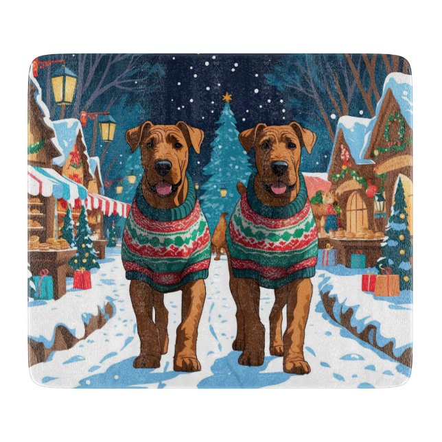 Planche À Découper Chiens Airedale Noël Neige Vacances (Devant)