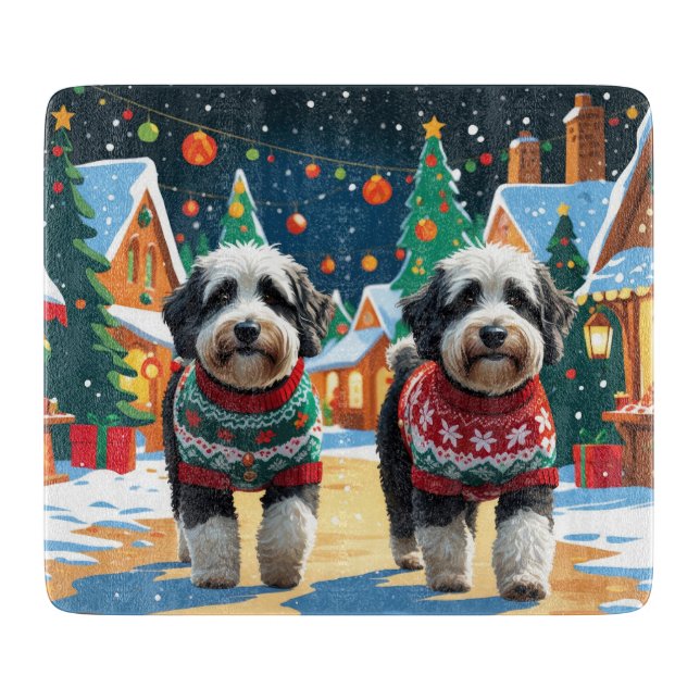 Planche À Découper Chiens Bernedoodle Noël Neige Fêtes (Devant)