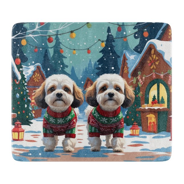 Planche À Découper Chiens Bichon Frise Noël Neige Fêtes (Devant)