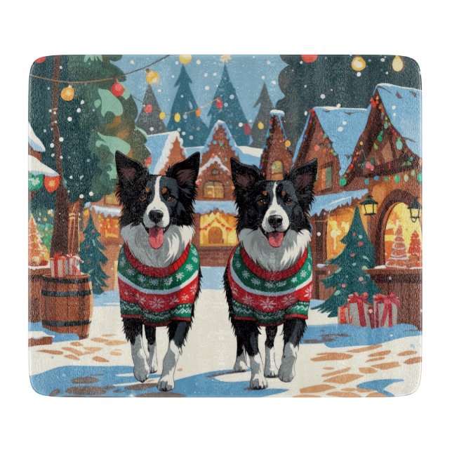 Planche À Découper Chiens Border Collie Noël Neige Fêtes (Devant)