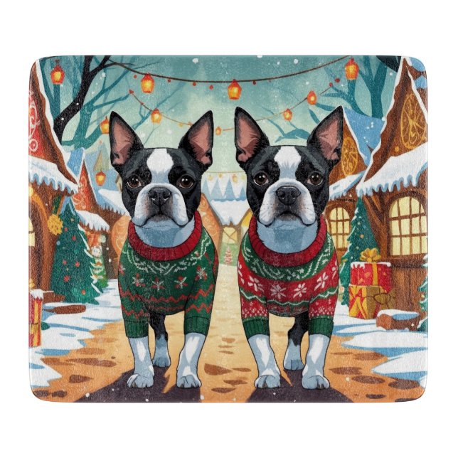 Planche À Découper Chiens Boston Terrier Noël Neige Fêtes (Devant)
