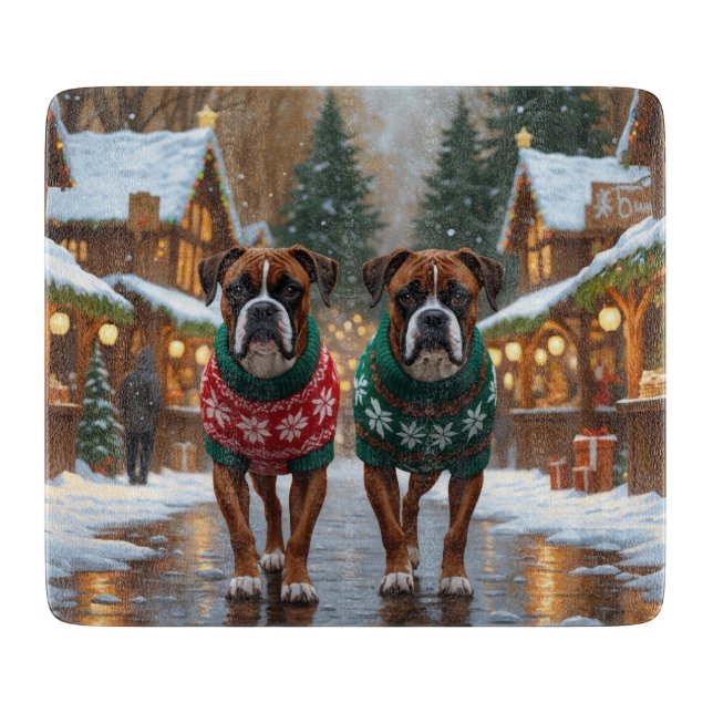 Planche À Découper Chiens Boxers Noël Neige Fêtes  (Devant)