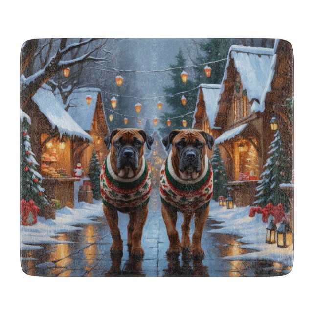 Planche À Découper Chiens Bullmastiff Noël Neige Fêtes  (Devant)