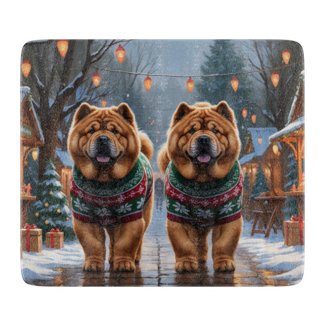 Planche À Découper Chiens Chow Chow Noël Neige Vacances  (Devant)