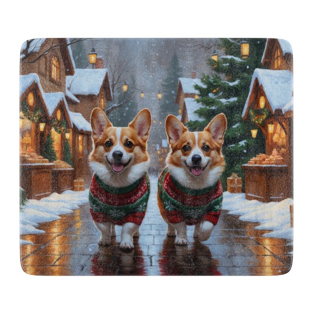 Planche À Découper Chiens Corgi Noël Neige Fêtes (Devant)