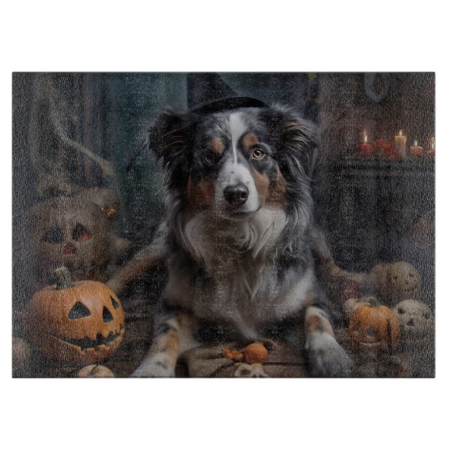 Planche À Découper Chiens de berger australiens Citrouilles Halloween (Devant)