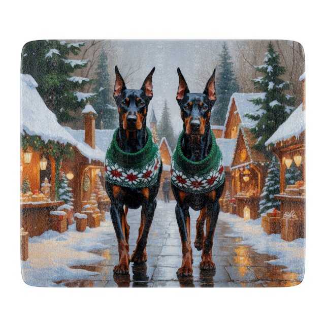Planche À Découper Chiens Doberman Noël Neige Vacances  (Devant)