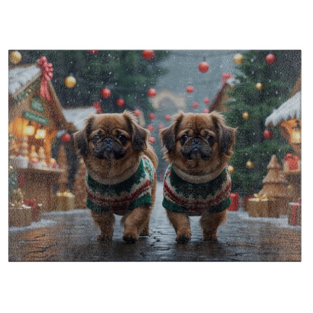 Planche À Découper Chiens Pékinois Noël Neige Vacances (Devant)