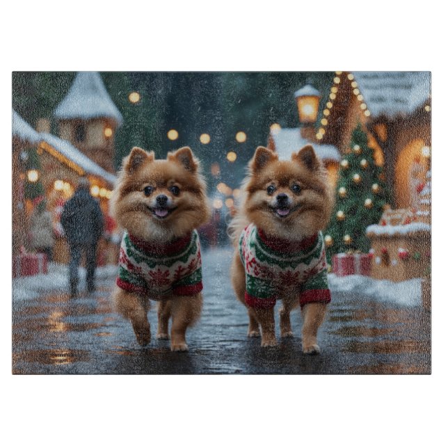 Planche À Découper Chiens Poméraniens Noël Neige Vacances  (Devant)