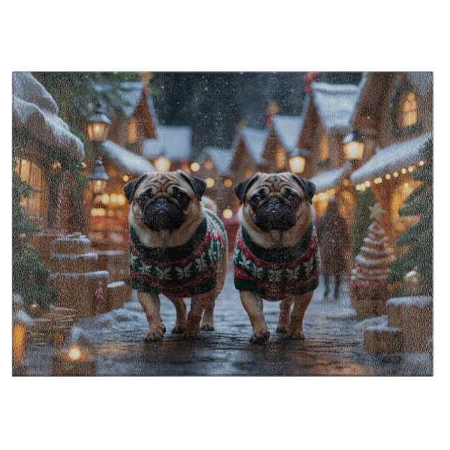 Planche À Découper Chiens Pug Noël Neige Fêtes (Devant)