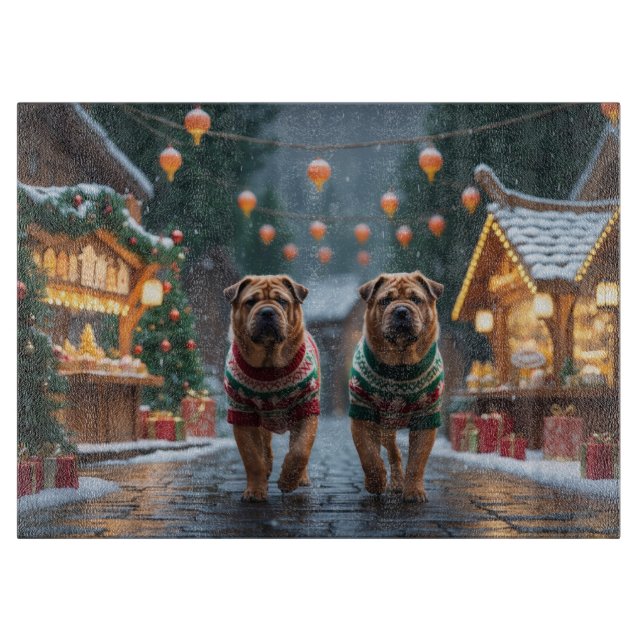 Planche À Découper Chiens Shar Pei Noël Neige Fêtes (Devant)