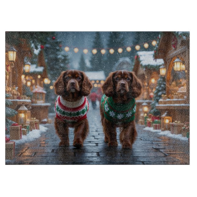 Planche À Découper Chiens Spaniel Tibétains Noël Neige Vacances (Devant)