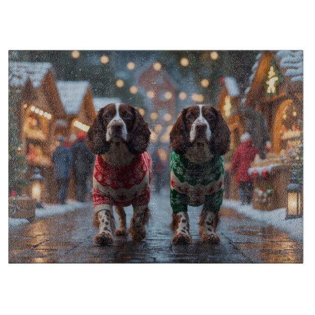 Planche À Découper Chiens Springer Spaniel Noël Neige Vacances (Devant)