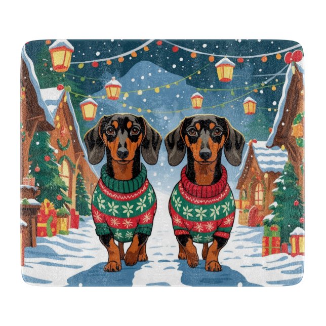 Planche À Découper Chiens Teckel Noël Neige Fêtes (Devant)