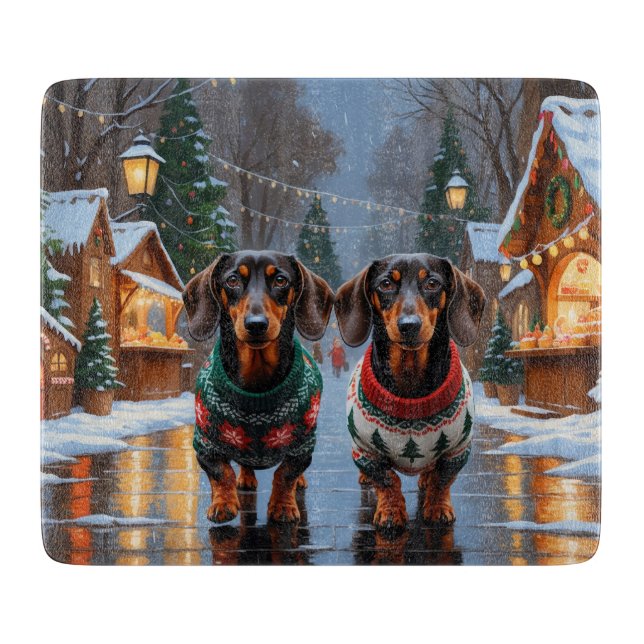 Planche À Découper Chiens teckel Noël Neige Fêtes (Devant)