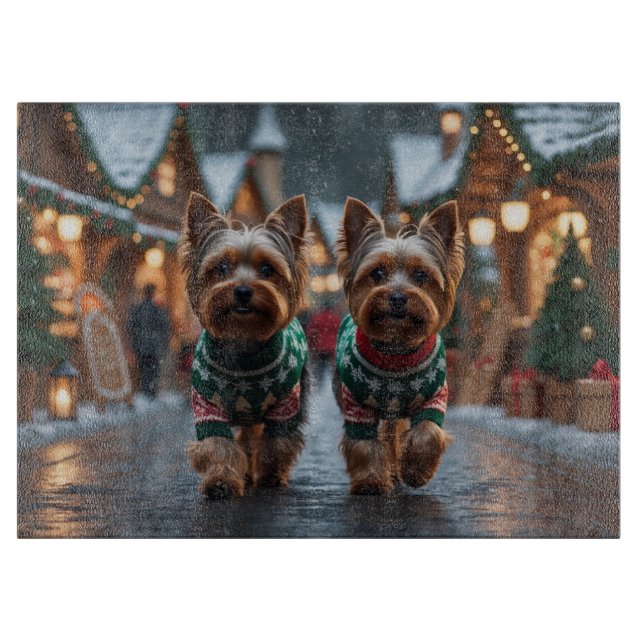 Planche À Découper Chiens Terrier du Yorkshire Noël Neige Vacances  (Devant)