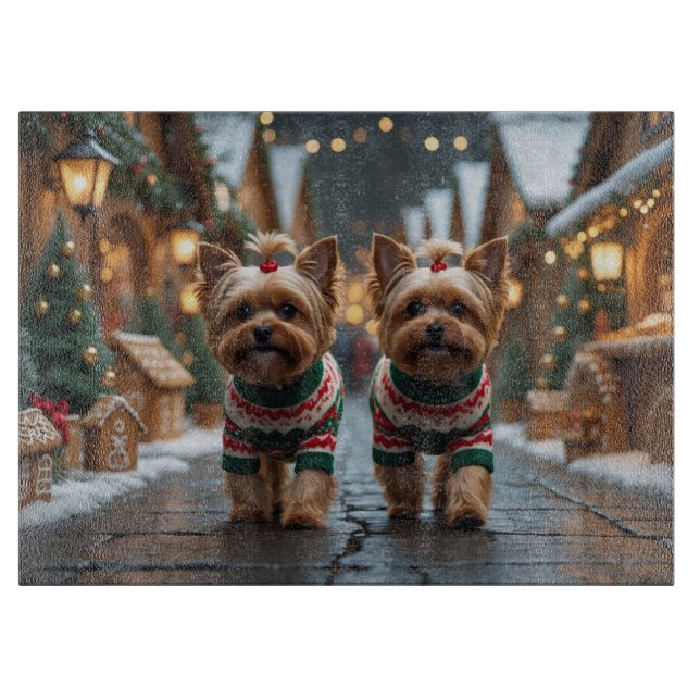 Planche À Découper Chiens Yorkipoo Noël Neige Fêtes (Devant)