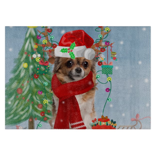 Planche À Découper Chihuahua Chien en neige avec cadeaux de Noël (Devant)