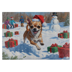 Planche À Découper Chihuahua courant dans la neige avec un chapeau de