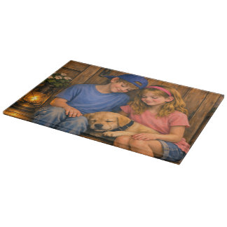 Planche À Découper Children with Sleeping Puppy Glass Cutting Board