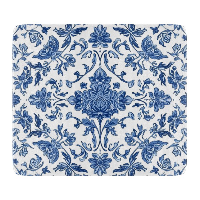Planche À Découper Chinoiserie florale bleue aquarelle blanche (Devant)