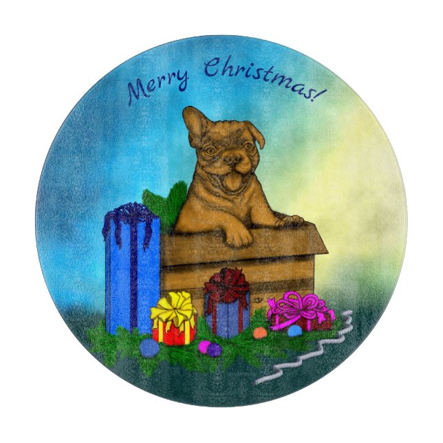 Planche À Découper Chiot dans une boîte, Joyeux Noël (Devant)