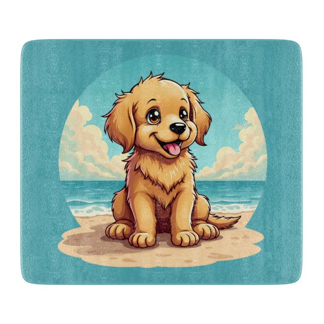 Planche À Découper Chiot doré mignon sur une scène de plage ensoleill (Devant)