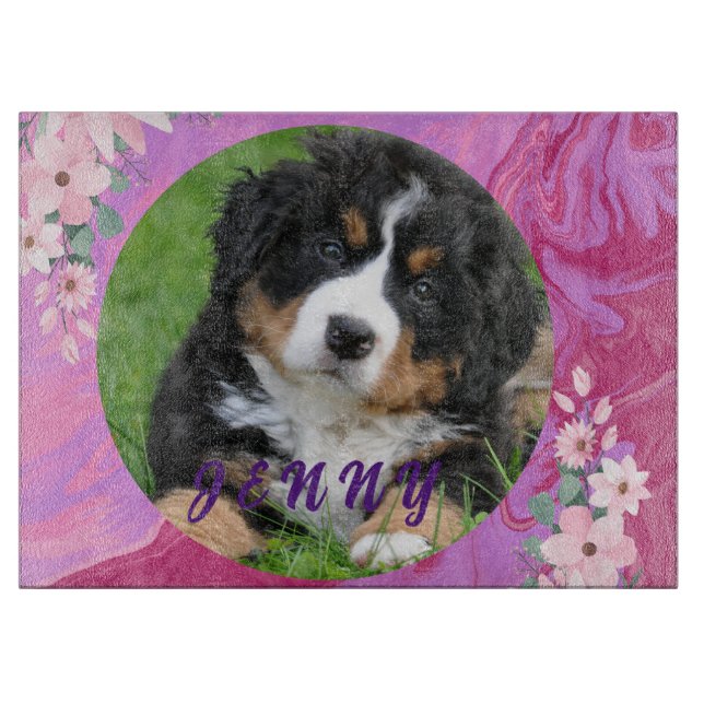 Planche À Découper Chiot Mignon Fleurs Aquarelle Rose Moderne Cool (Devant)