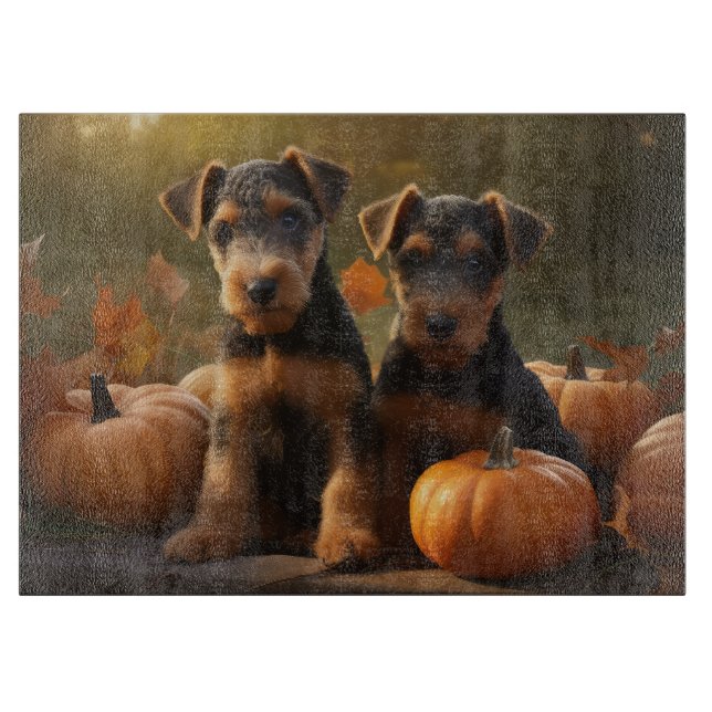 Planche À Découper Chiots Airedale Automne Délice Citrouille (Devant)