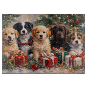 Planche À Découper Chiots de Noël avec des cadeaux sous l'arbre décor
