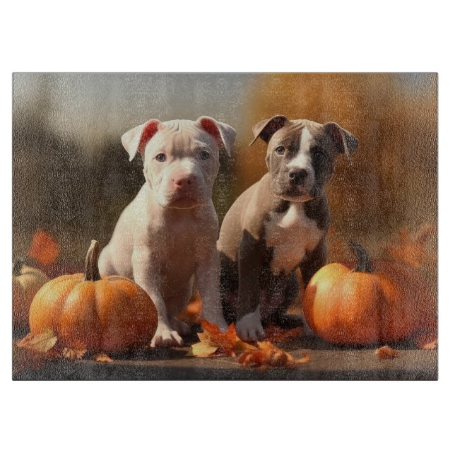 Planche À Découper Chiots Pitbull Automne Délice Citrouille (Devant)