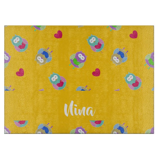 Planche À Découper Chouette aux coeurs oranges (Devant)