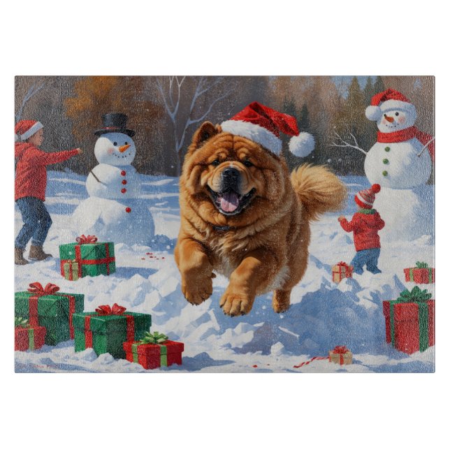 Planche À Découper Chow Chow courant dans la neige avec un chapeau de (Devant)