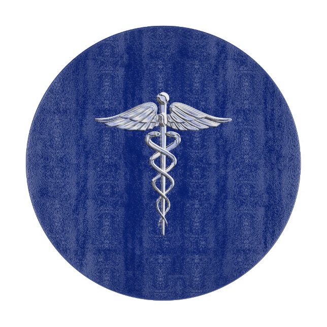 Planche À Découper Chrome Style Caduceus Symbole Médicale sur bleu ma (Devant)