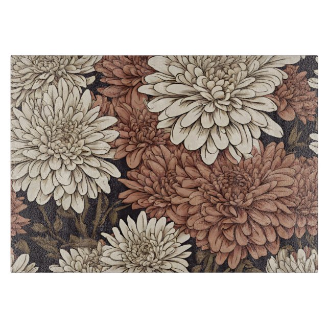 Planche À Découper Chrysanthèmes rétro rouge et blanc (Devant)