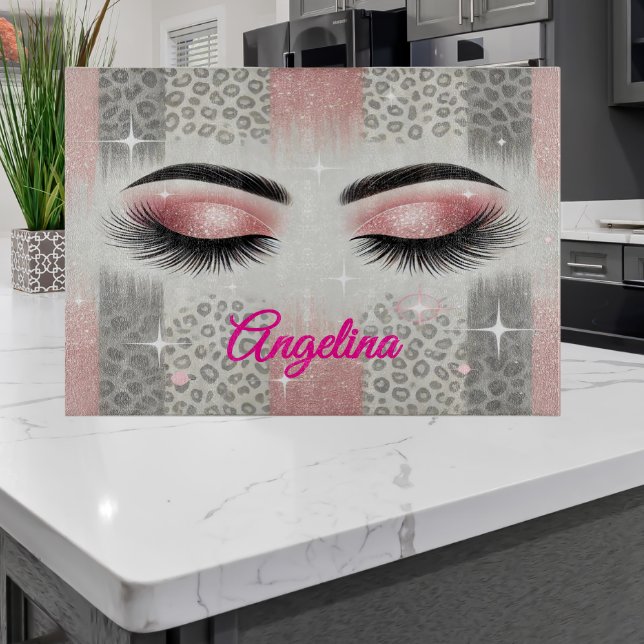 Planche À Découper Cils à Paillettes Roses  (Glam pink glitter lashes cutting board — glam gift for bridal party, bachelorette, or birthday)