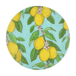 Planche À Découper Citrons, Arrière - plan Bleu Vibrant sans couture.