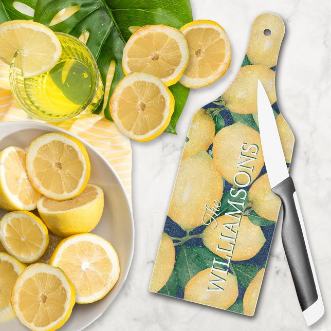 Planche À Découper Citrons en verre personnalisé bleu marine (Lemons on Navy Blue Personalized Glass Cutting Board)