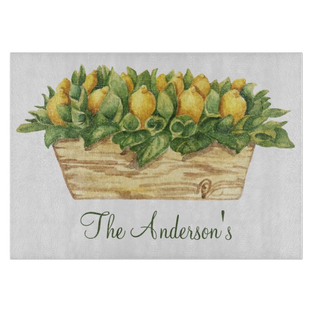 Planche À Découper Citrons Monogramme dans un Panier Feuilles Vertes  (Devant)