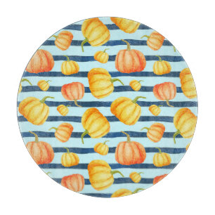 Planche À Découper Citrouille orange : décor à rayures aquarelles.