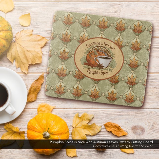 Planche À Découper Citrouille Spice Coffee Art et Feuilles d'automne  (Everything is Nice with Pumpkin Spice Cutting Board with Autumn Leaves Pattern - 7.5"x6.5" Rectangle)