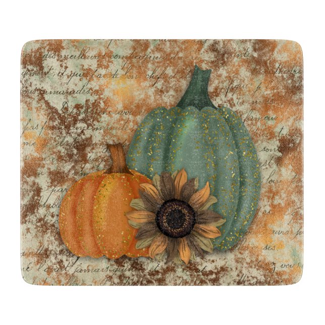 Planche À Découper Citrouilles d'automne sarcelle et orange (Devant)