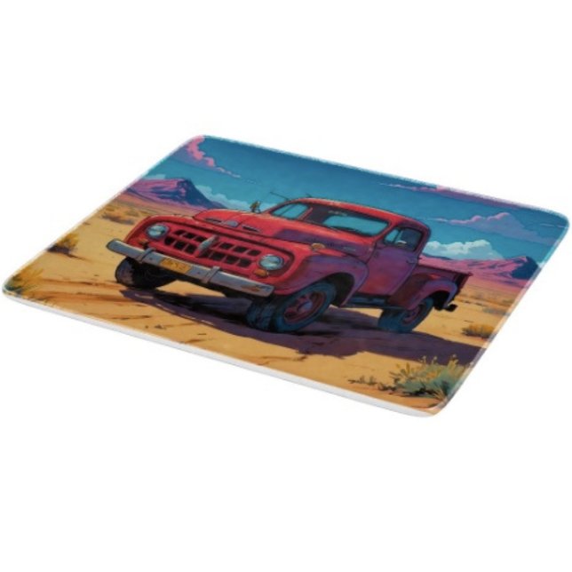 Planche À Découper Classique camionnette américaine  (Retro Red Pickup Truck glass cutting board hand-pressed tempered glass five different sizes.)