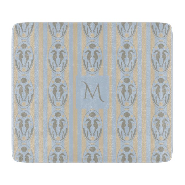Planche À Découper Coastal Seahorse Cameo Blue Cream Strip Monogram (Devant)