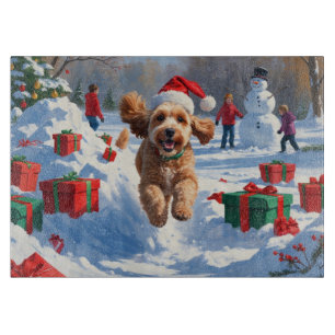 Planche À Découper Cockapo coule en neige avec Casquette de Noël