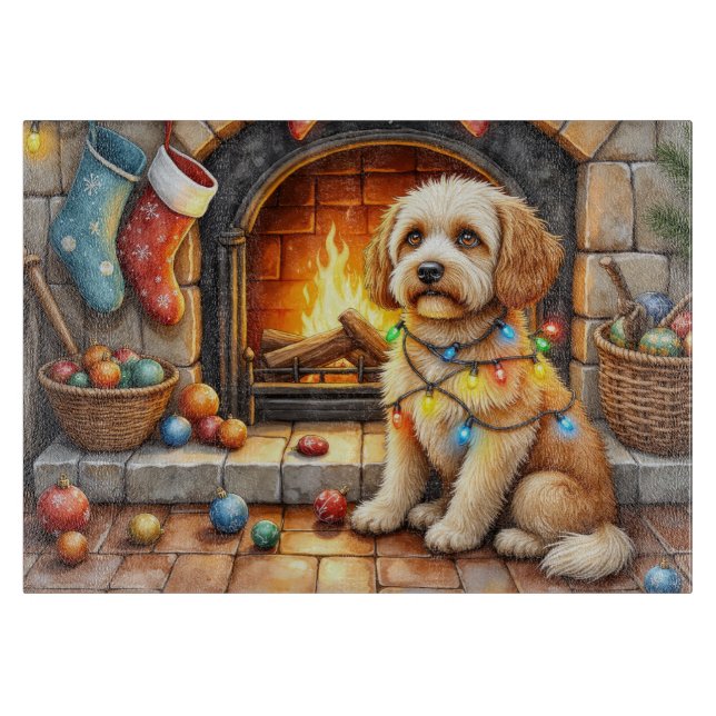 Planche À Découper Cockapoo assis près de la cheminée avec des lumièr (Devant)