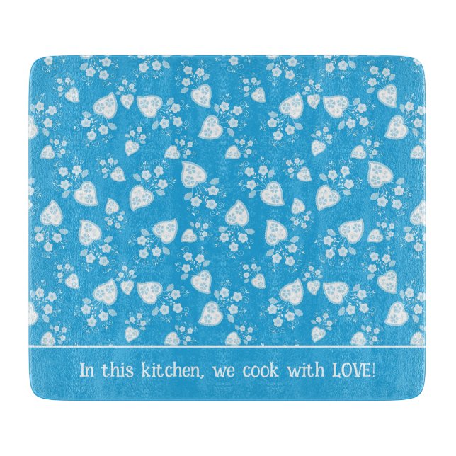 Planche À Découper Coeur de fleur bleu avec fleurs motif (Devant)